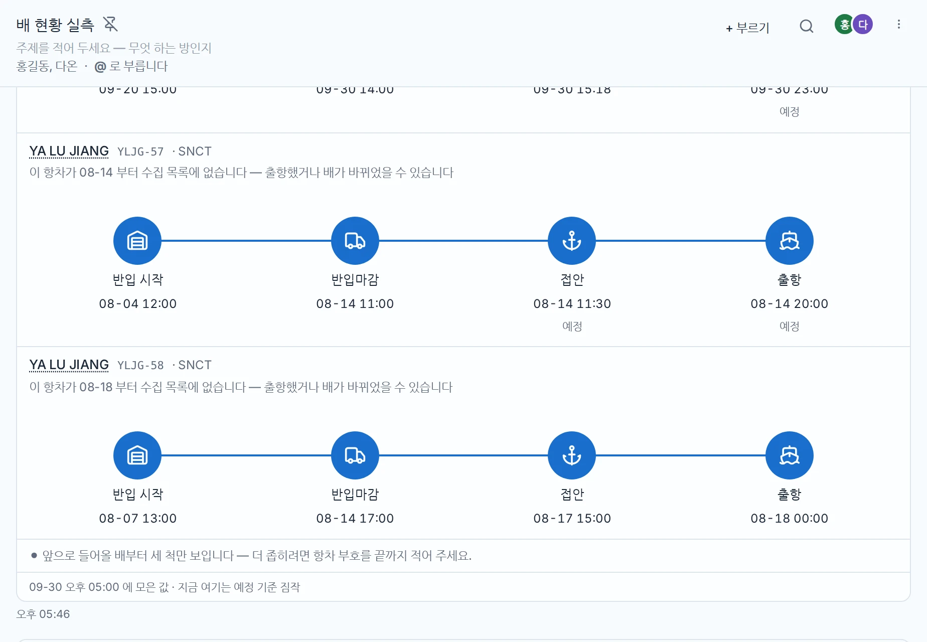 업무방 화면. 방 안에서 배 현황을 부르자 그 배의 반입 시작·반입마감·접안·출항 시각이 판으로 떠 있다.